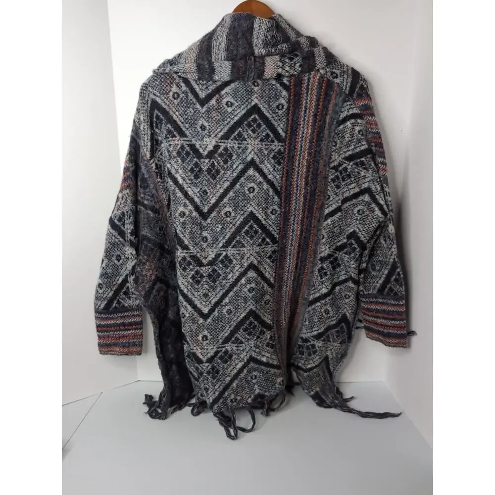 Free People Poncho XS Shawl Wool Blend Fringe‎ Hobo Bohemian Cowl Neck